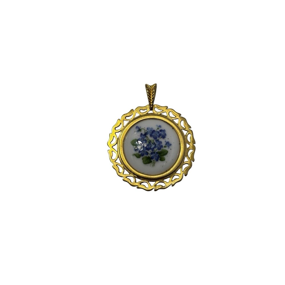 Vintage Hammersley England Bone China Gold Tone Blue Florals Pendant
